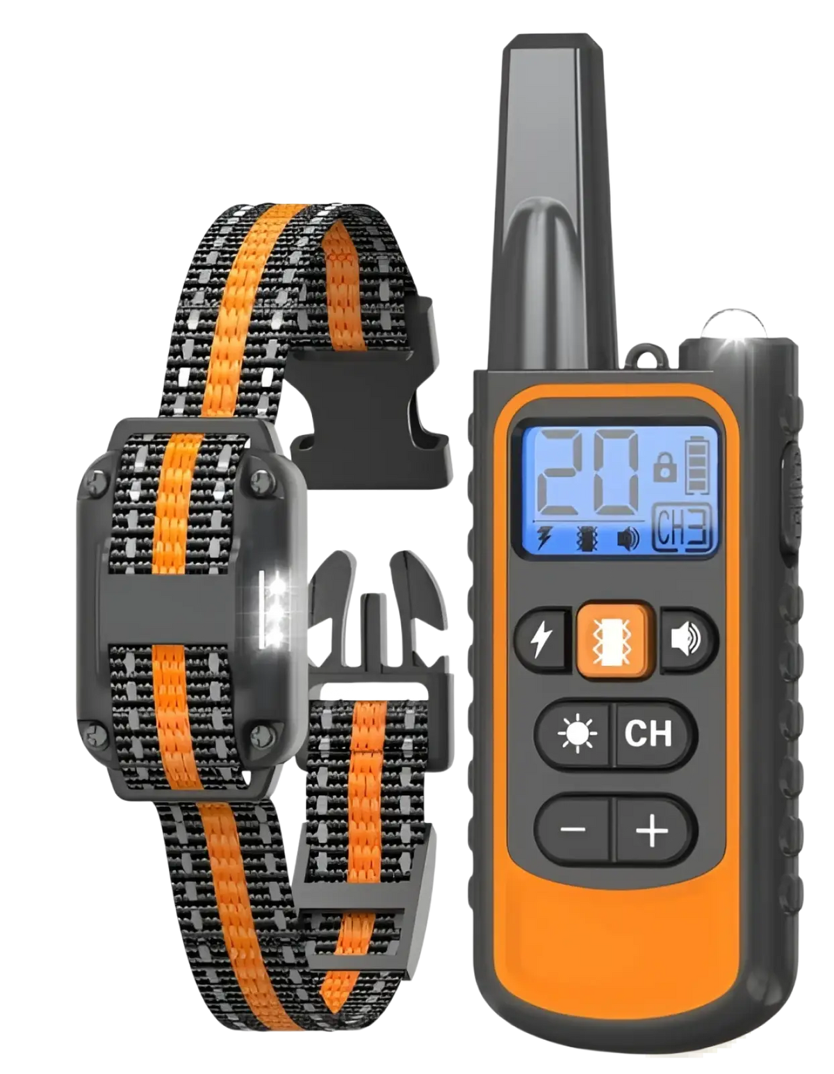 Orange and black wireless anti bark dog training collar with remote control for effective pet behavior management