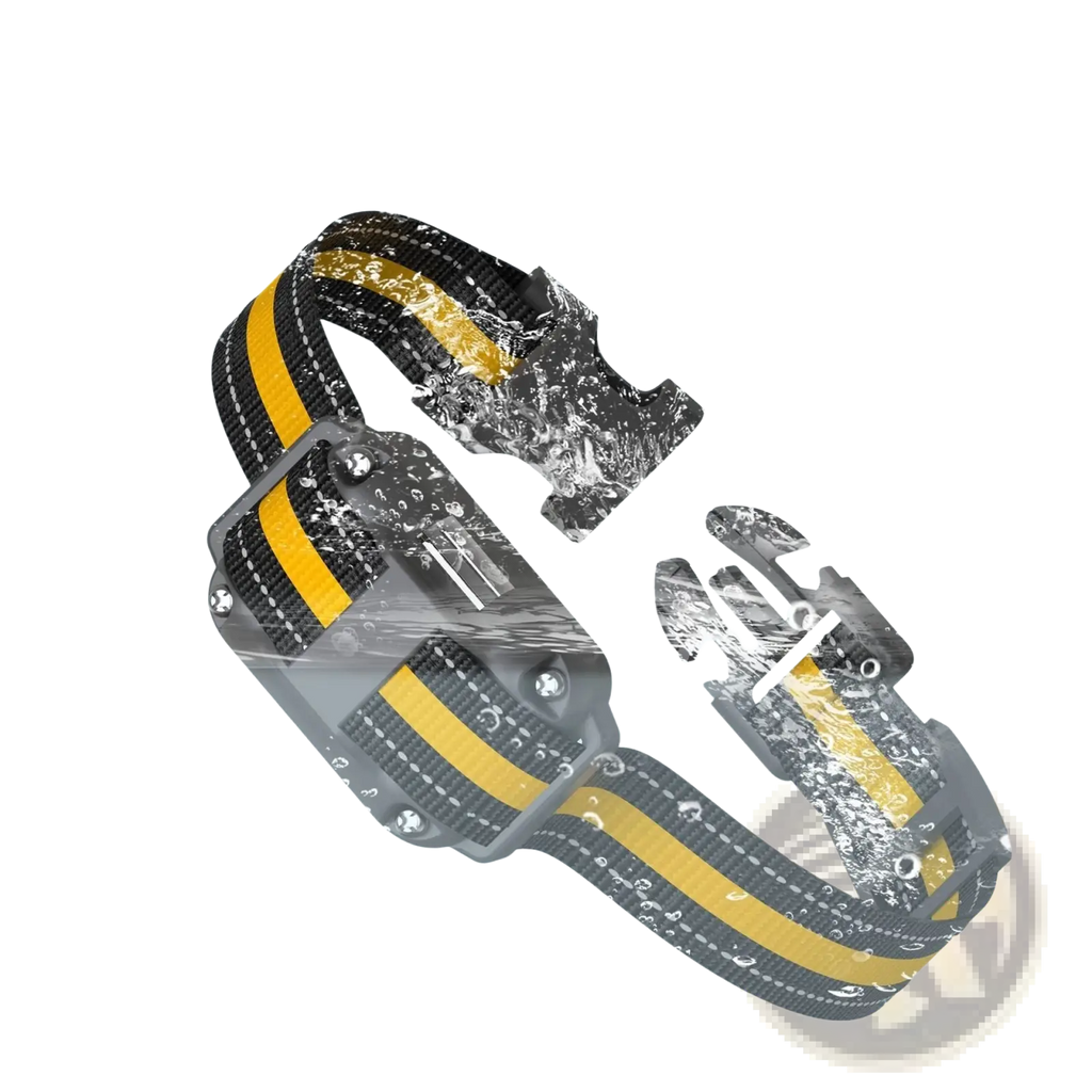Black and yellow striped waterproof anti bark dog training collar with gray plastic receiver unit and remote control