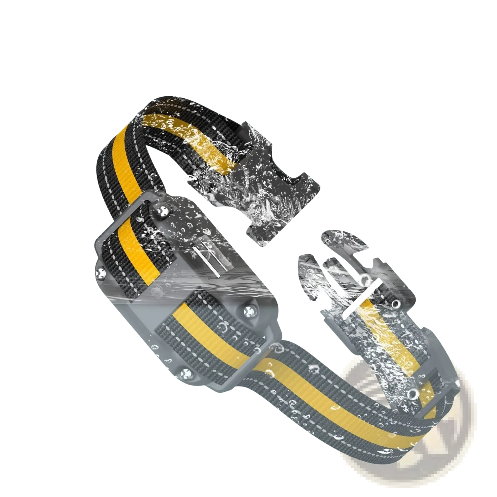 Black and yellow striped waterproof anti bark dog training collar with gray plastic receiver unit and remote control