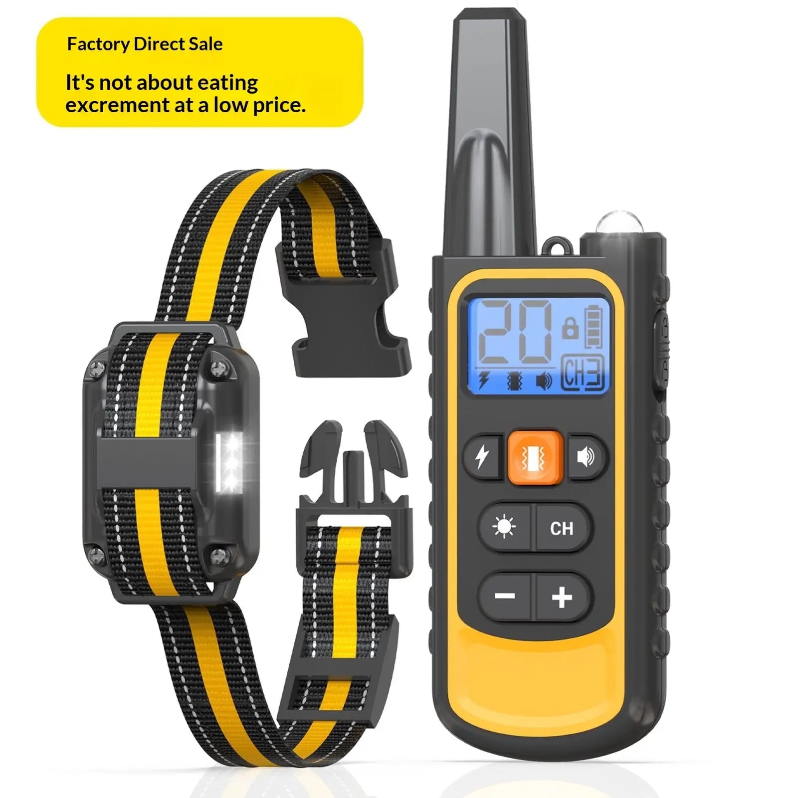 Yellow and black anti bark dog training collar with matching remote control featuring an orange button