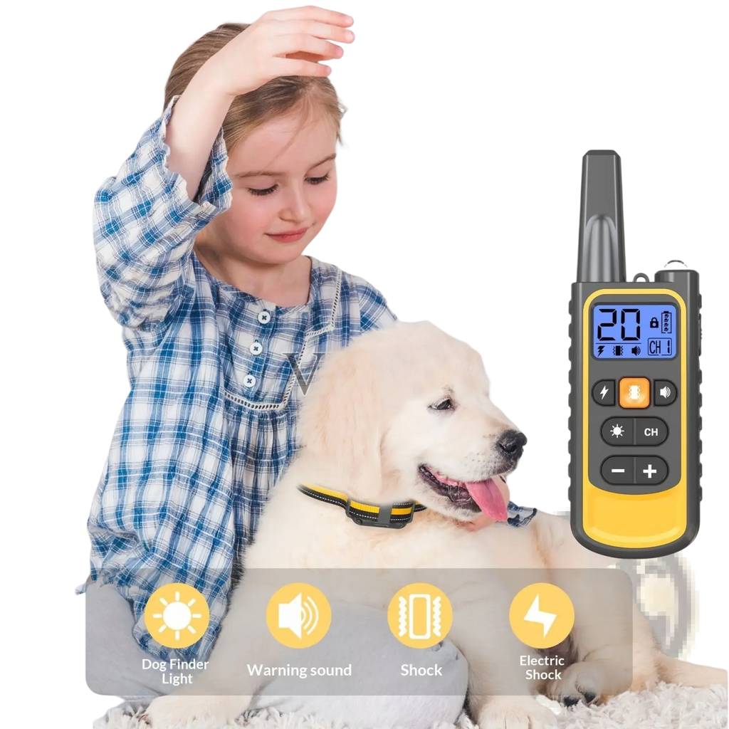 Anti bark dog training collar with yellow and black remote featuring digital display showing channel 1 and battery status