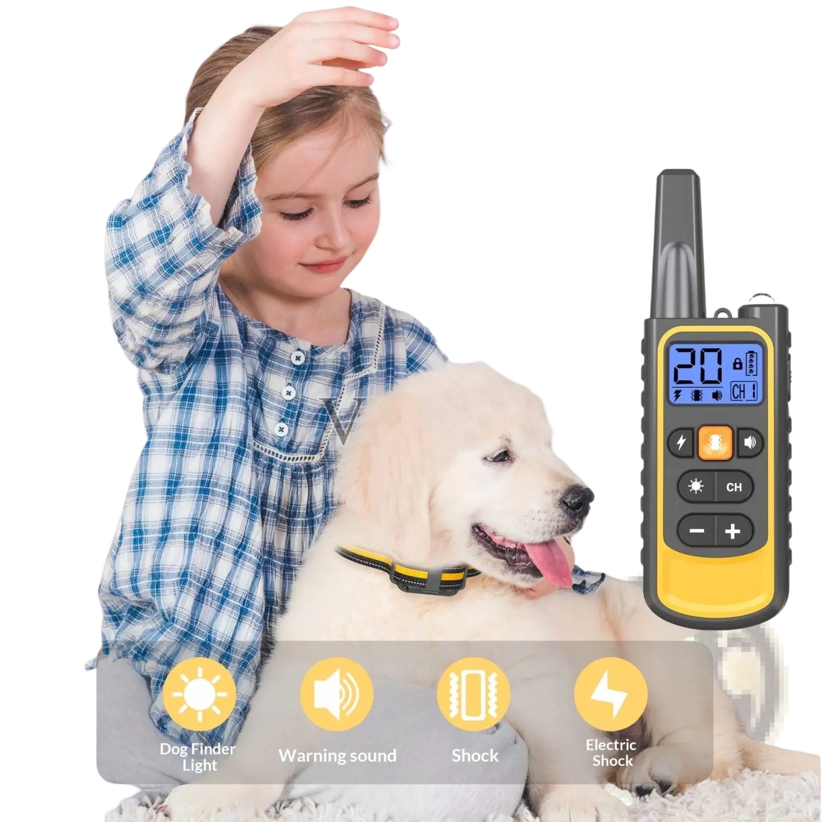 Anti bark dog training collar with yellow and black remote featuring digital display showing channel 1 and battery status