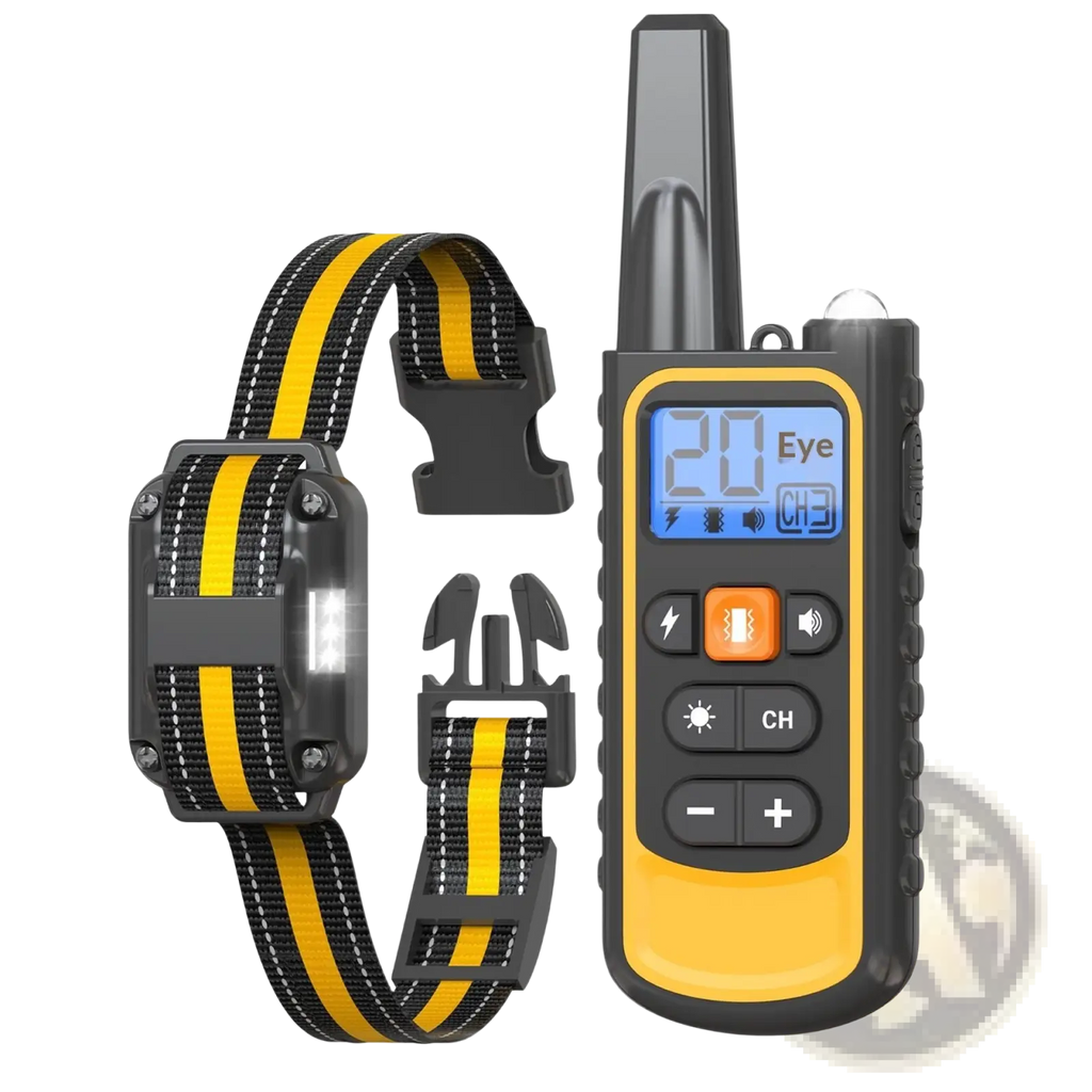 Yellow and black anti bark dog training collar with led light and matching remote control for effective training