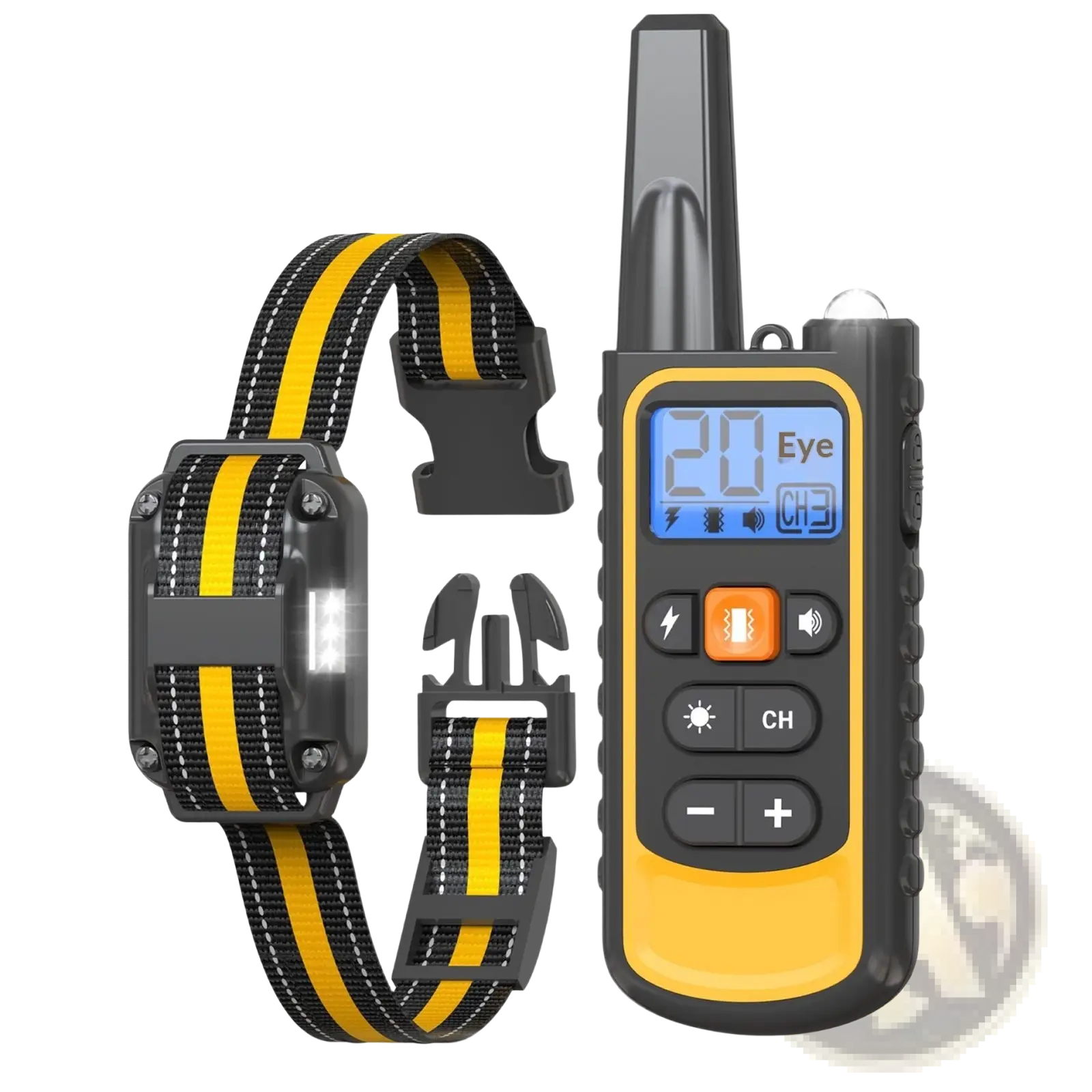 Yellow and black anti bark dog training collar with led light and matching remote control for effective training