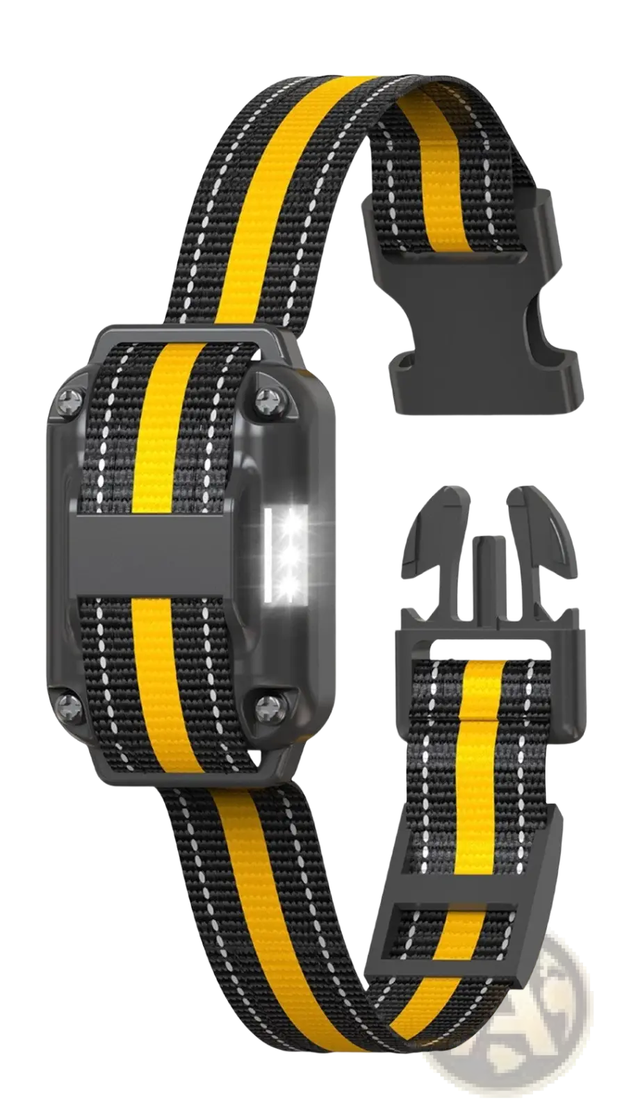 Anti bark dog training collar in black and yellow striped nylon with gray plastic buckle and integrated led light