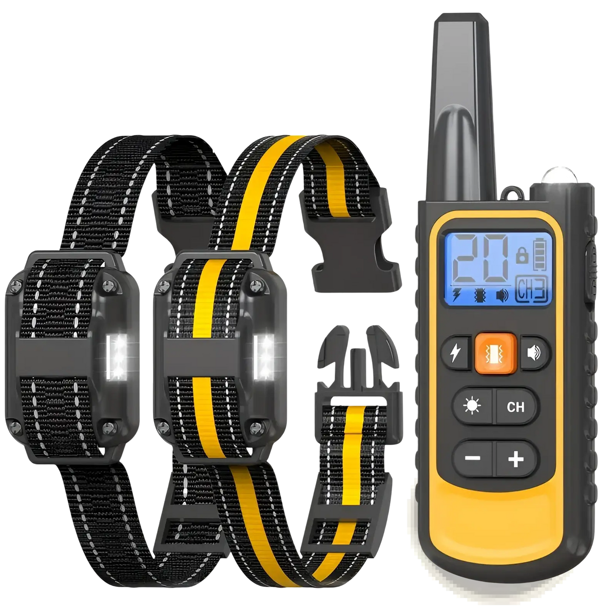 Yellow and black anti bark dog training collar set with remote and digital display for effective pet control