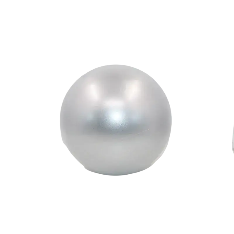 A sleek metallic silver anti-burst yoga ball with smooth reflective surface for balance training and air leakage prevention