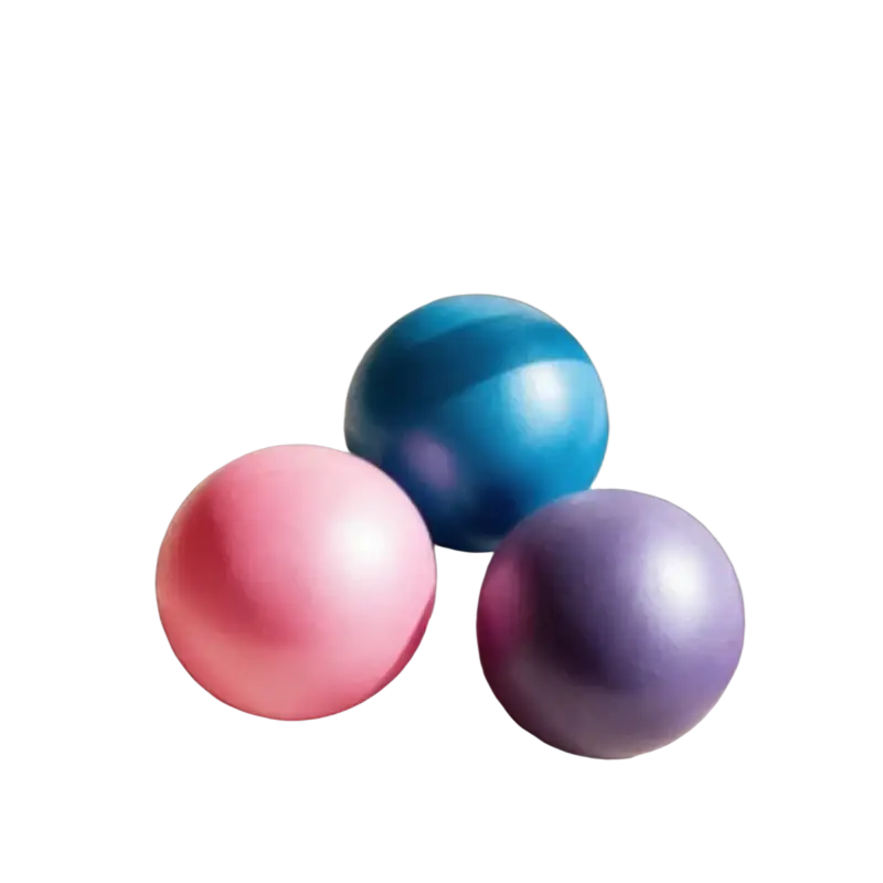 Three colorful pink blue and purple anti-burst yoga balls with smooth surface for balance training and air leakage prevention