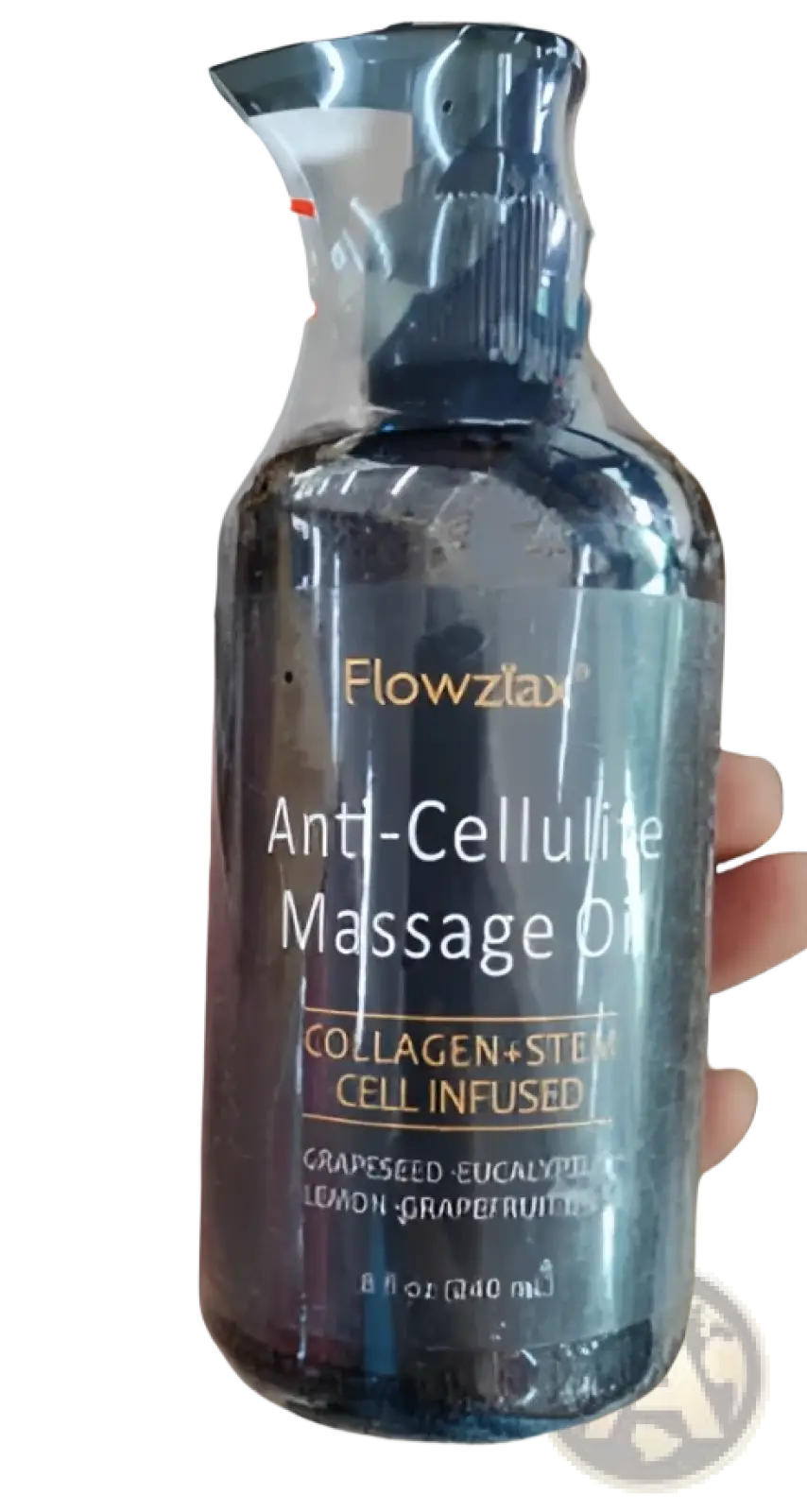 Black glass bottle of flowz lax anti-cellulite massage oil with pump dispenser and collagen-infused formula label