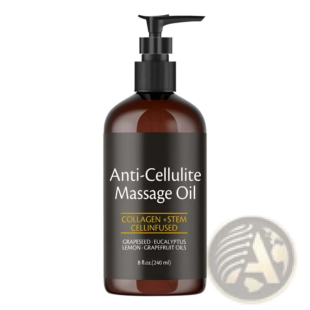 A sleek amber glass bottle with black pump labeled anti-cellulite massage oil with collagen and citrus oils 240ml