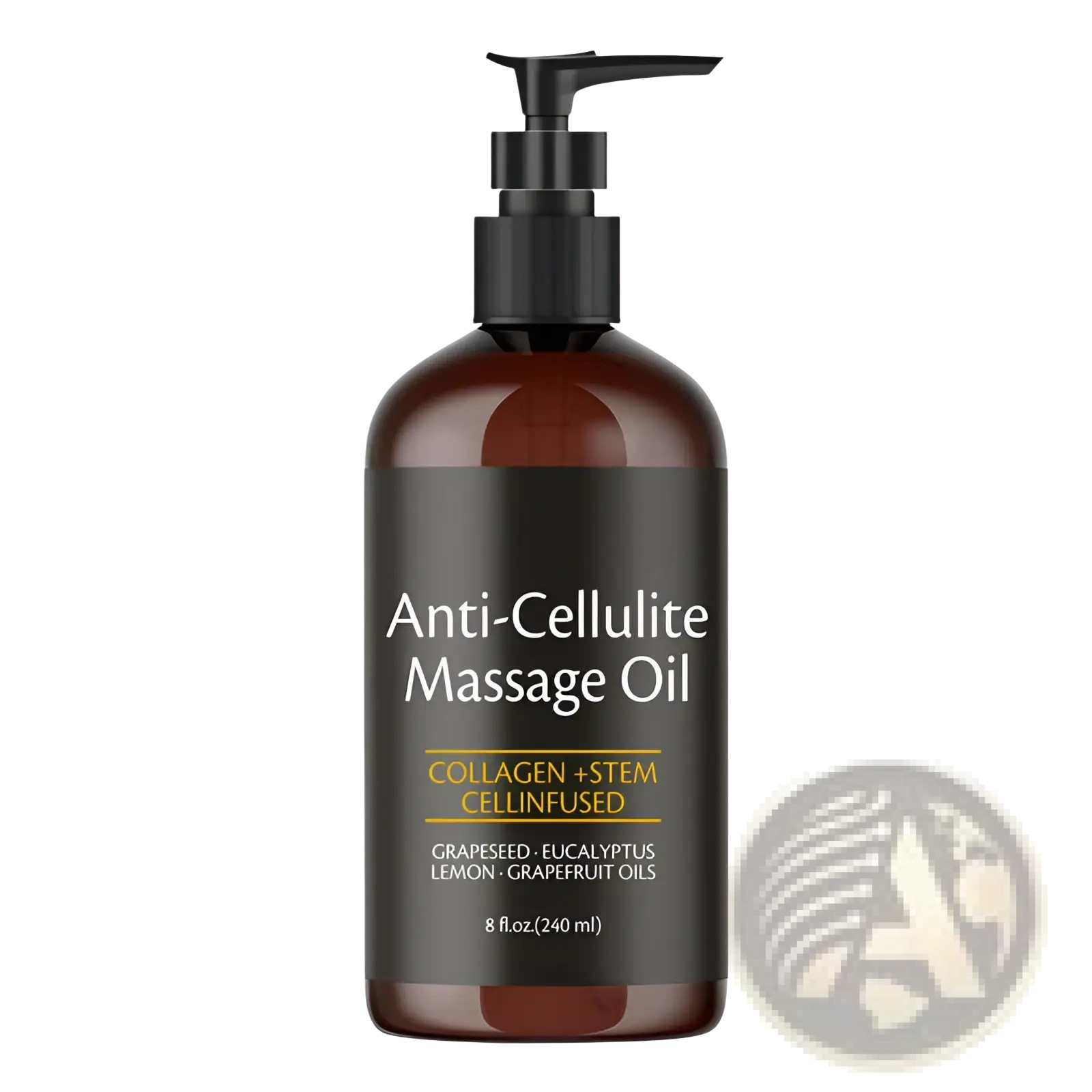 A sleek amber glass bottle with black pump labeled anti-cellulite massage oil with collagen and citrus oils 240ml