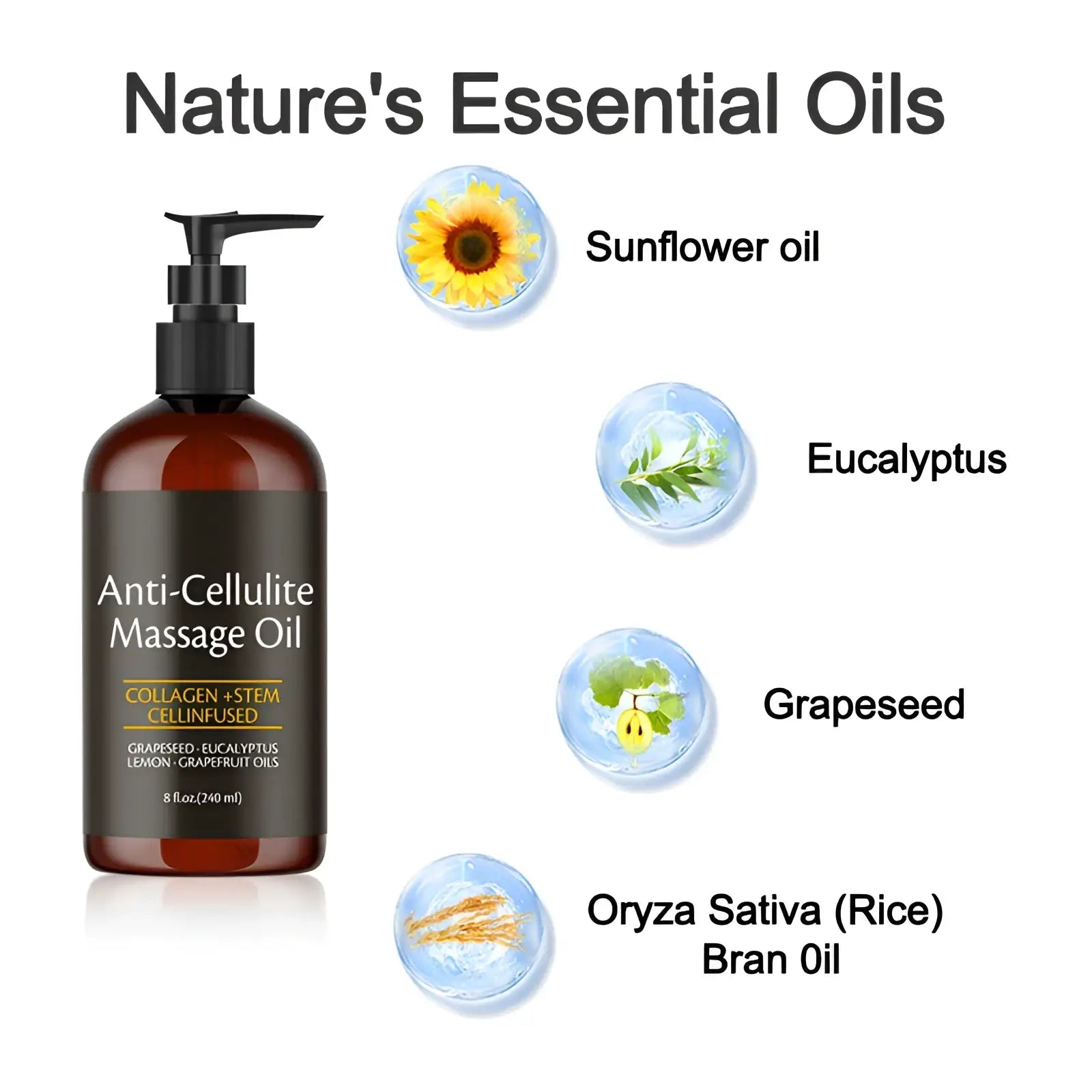 A dark amber glass bottle with black pump labeled anti-cellulite massage oil with collagen 240ml and natural oils