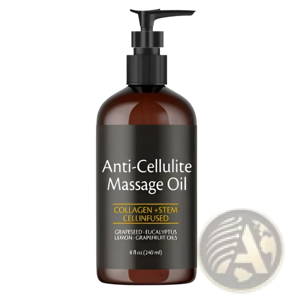 Dark amber glass anti-cellulite massage oil bottle with black pump and collagen stem cell-infused formula label
