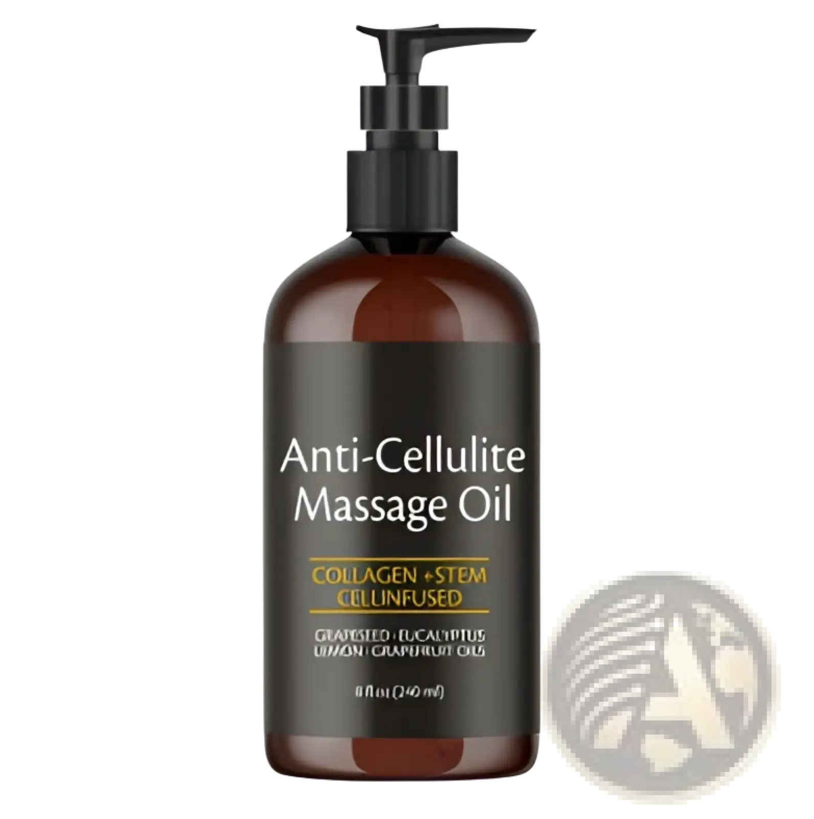 Dark amber glass anti-cellulite massage oil bottle with black pump and collagen stem cell-infused formula label