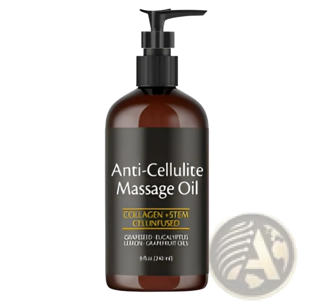 Dark amber glass bottle with black pump containing anti-cellulite massage oil with collagen stem cell formula 240ml