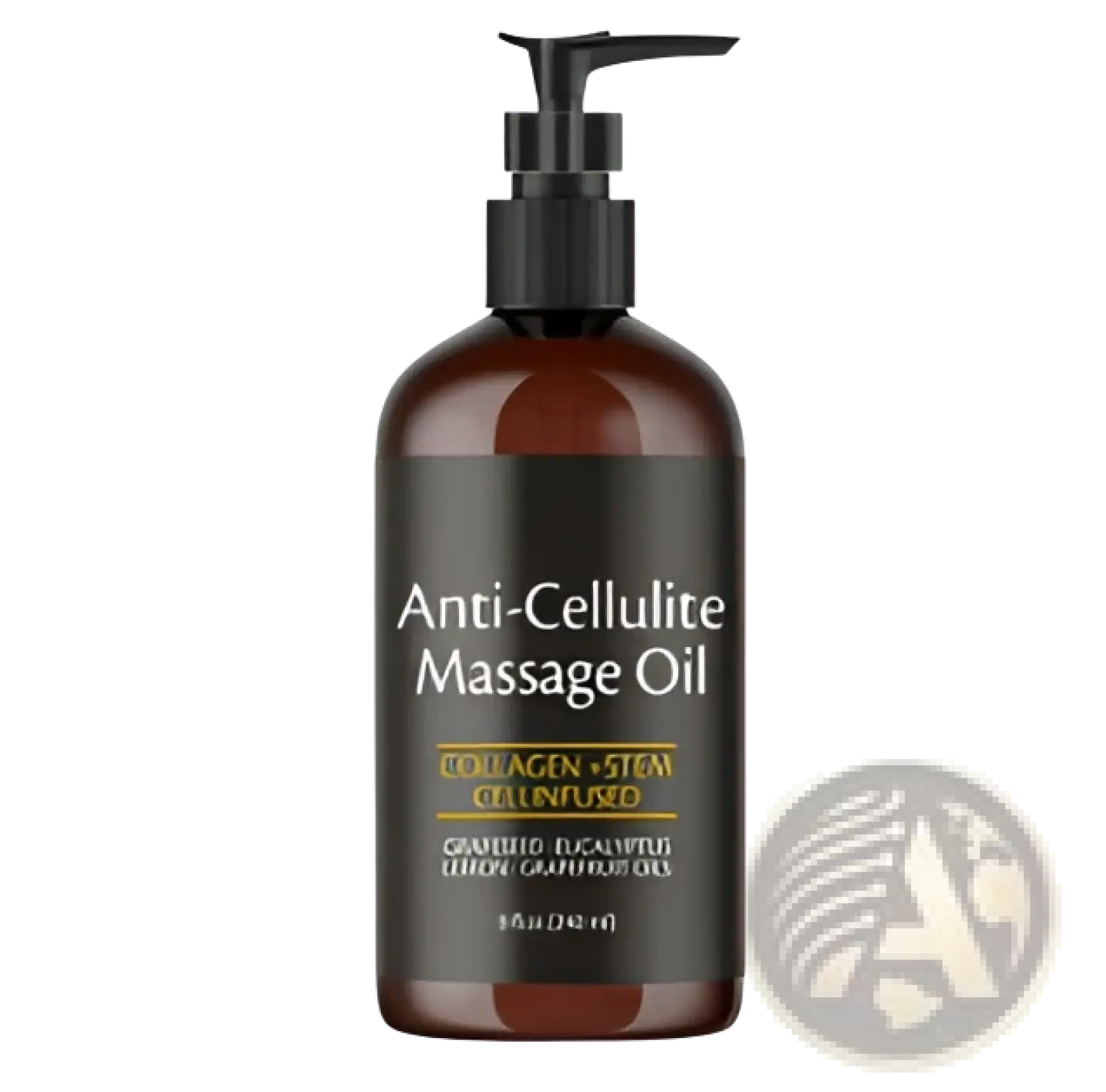 Dark amber glass bottle with black pump containing anti-cellulite massage oil with collagen stem cell formula 240ml