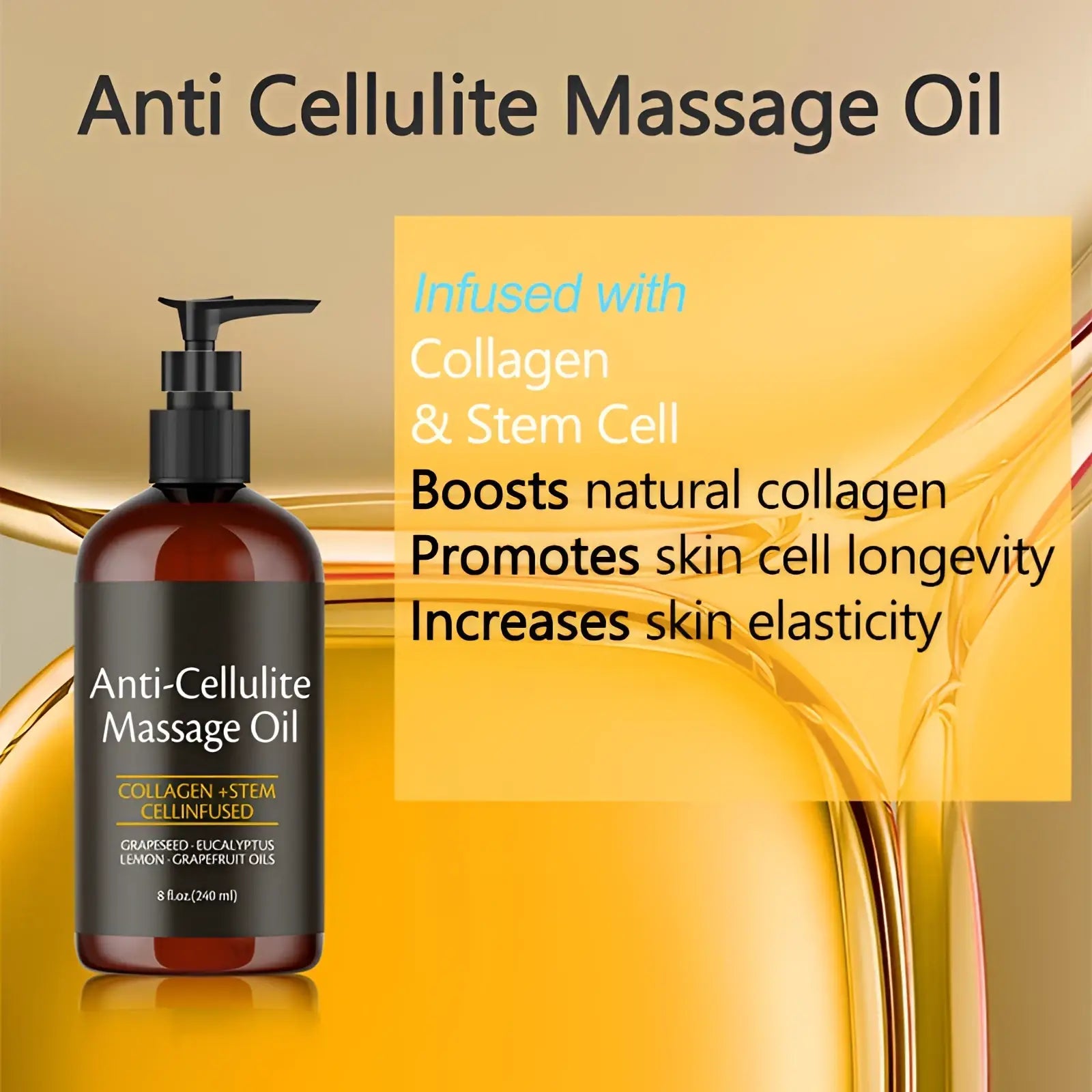 Dark amber glass bottle with black pump dispenser labeled anti-cellulite massage oil infused with collagen and stem cell