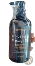 Dark amber glass bottle of flowzax anti-cellulite massage oil with black pump and silver collagen-infused label 240ml
