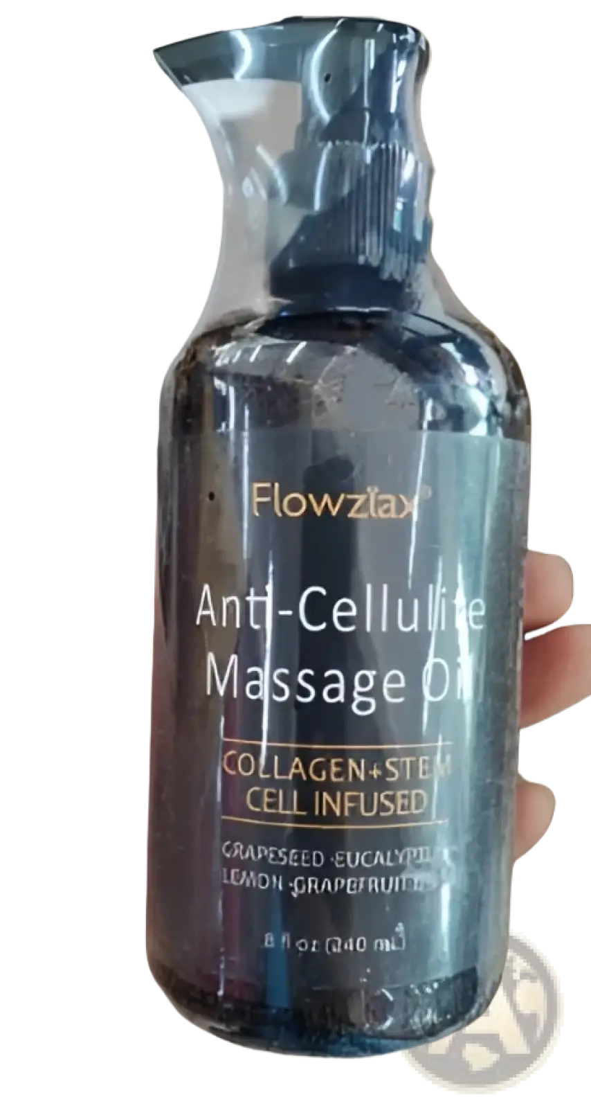 Dark amber glass bottle of flowzax anti-cellulite massage oil with black pump and silver collagen-infused label 240ml