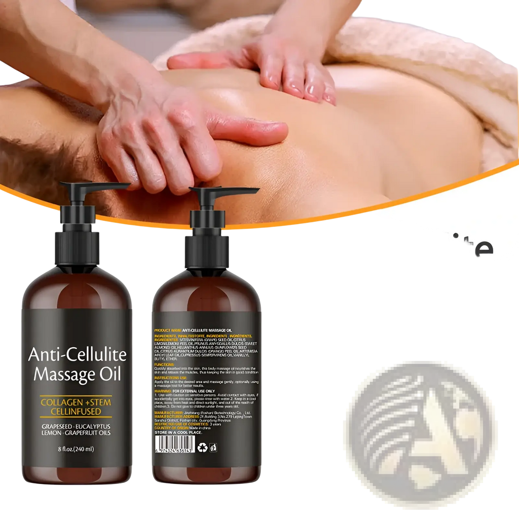 Two amber glass bottles of anti-cellulite massage oil with collagen 240ml and black pump dispensers