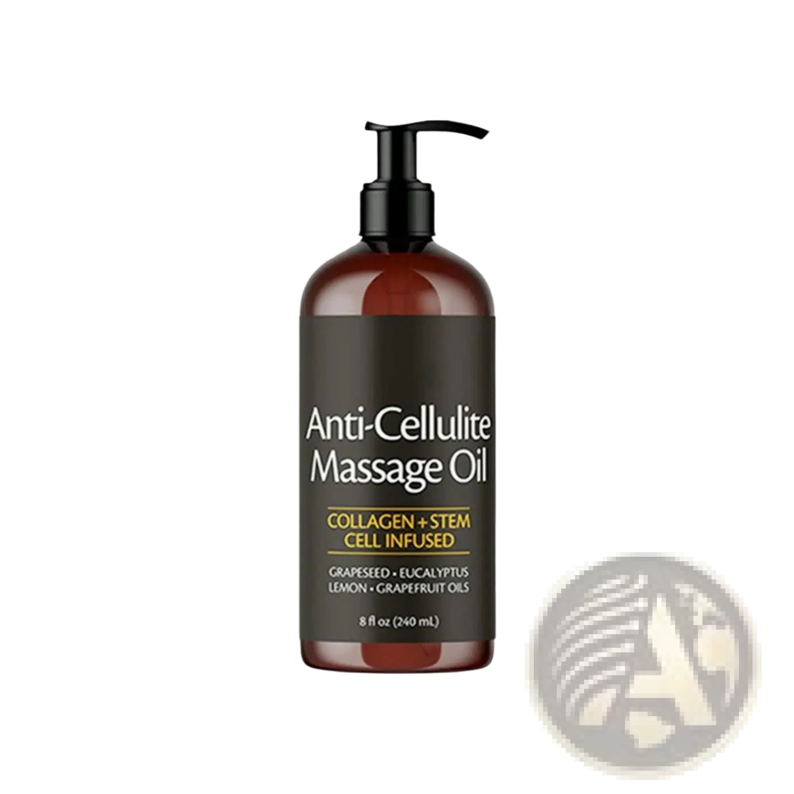 A sleek amber glass bottle of anti-cellulite massage oil with collagen and eucalyptus oils in a black pump dispenser