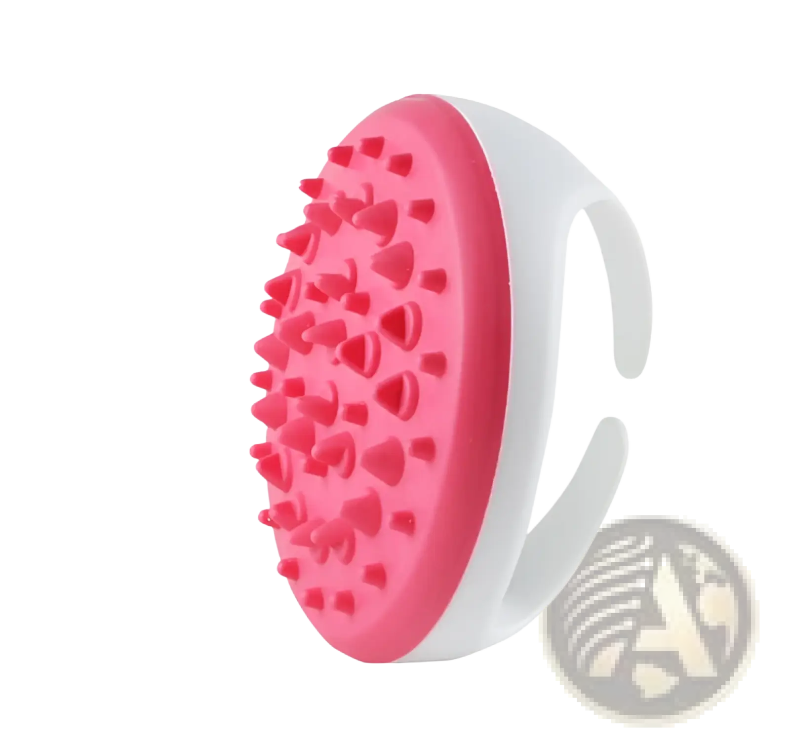 Pink and white silicone body scrubber with curved handle designed for use with anti-cellulite massage oil with collagen 240ml