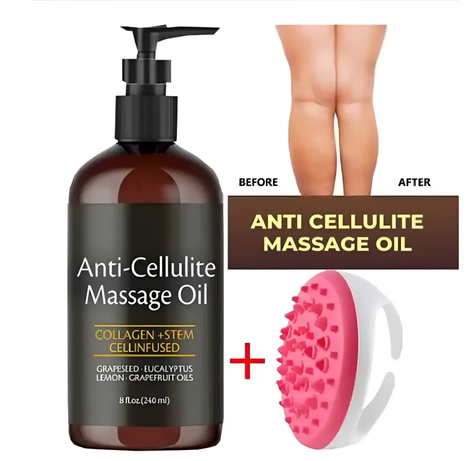 Dark amber glass bottle with black pump containing 240ml anti-cellulite massage oil infused with collagen and stem cells