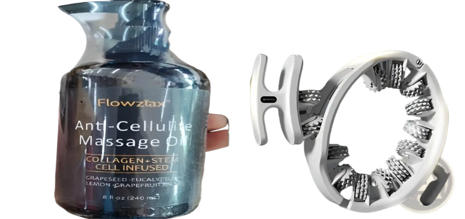 Flowzlar anti-cellulite massage oil 240ml in sleek dark glass bottle with pump and gold collagen-infused label