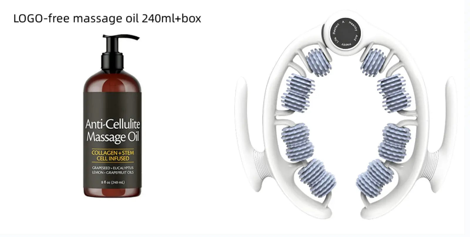 White plastic anti-cellulite massage roller with ten blue-gray textured rollers for use with collagen massage oil 240ml