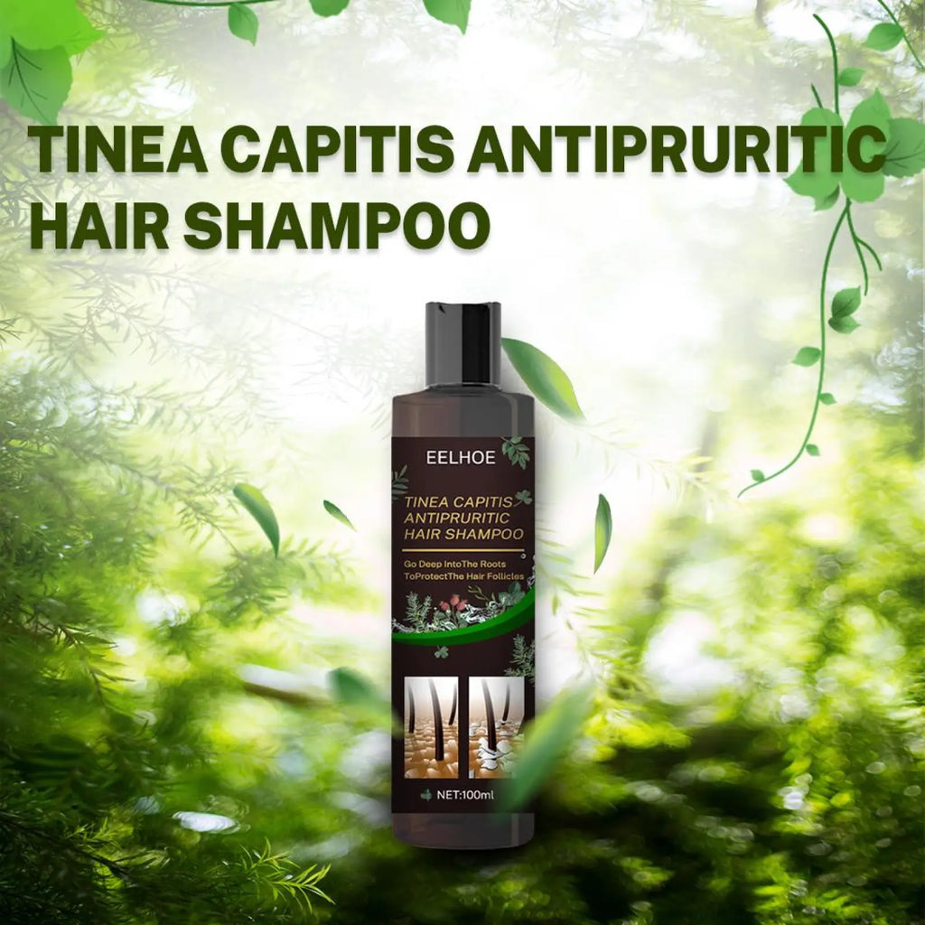 A dark brown 100ml eelhoe tinea capitis antipruritic hair shampoo bottle with black cap and green leafy design for itch relief