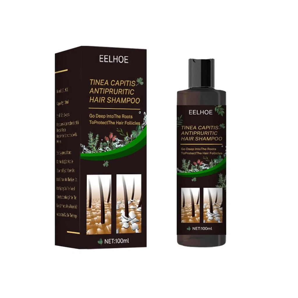 Eelhoe dark brown tinea capitis antipruritic shampoo bottle with black cap and green botanical design 100ml for itch relief