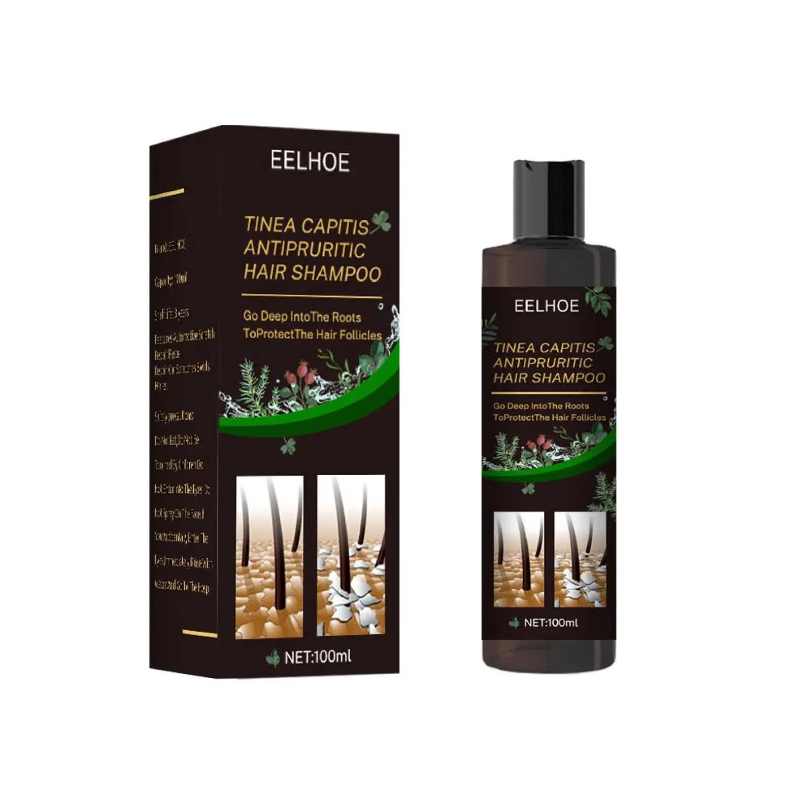 Eelhoe dark brown tinea capitis antipruritic shampoo bottle with black cap and green botanical design 100ml for itch relief