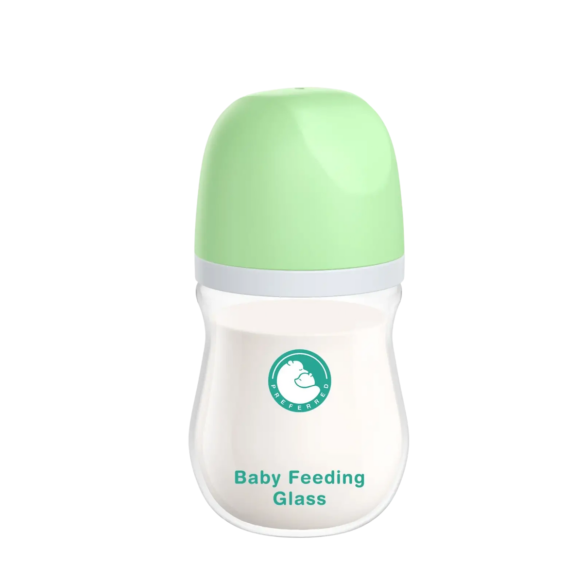 A clear glass anti-flatulence baby feeding bottle with a light green cap and white baby feeding glass text label