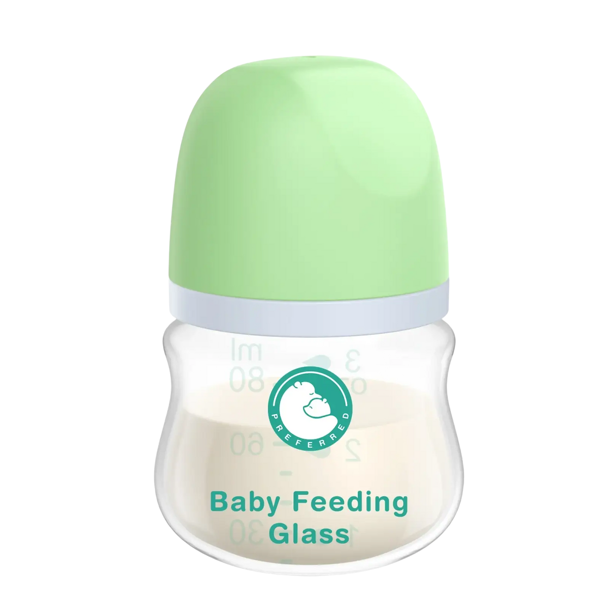 A clear glass anti-flatulence baby feeding bottle with a light green cap and teal baby feeding glass labeling