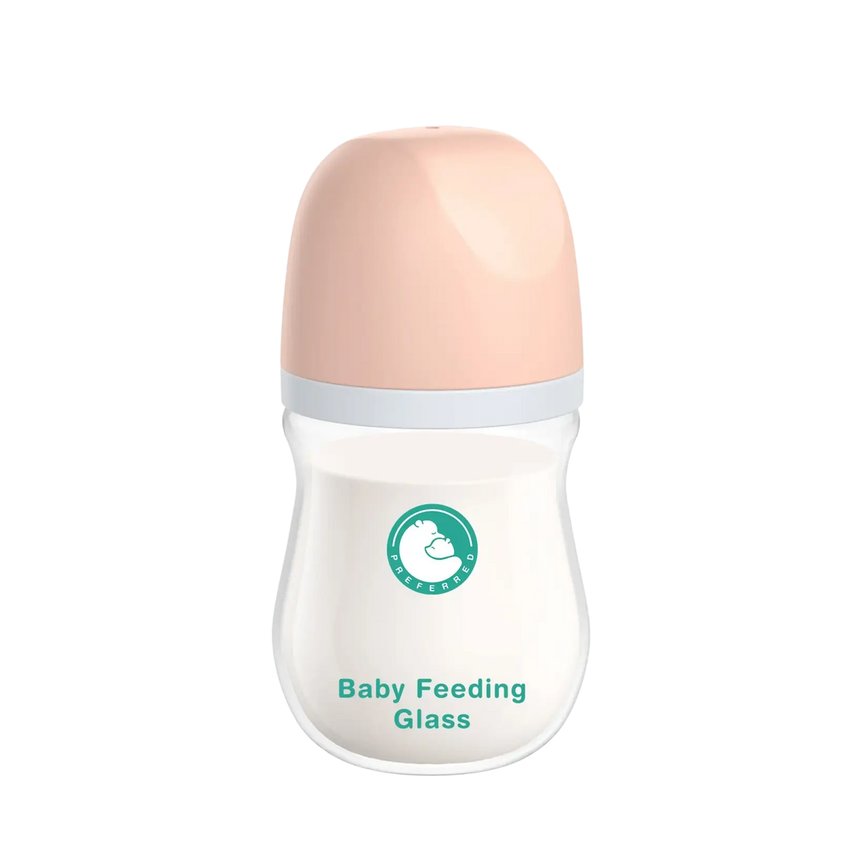 A clear glass anti-flatulence baby bottle with a soft pink glossy lid and light gray rim bpa free