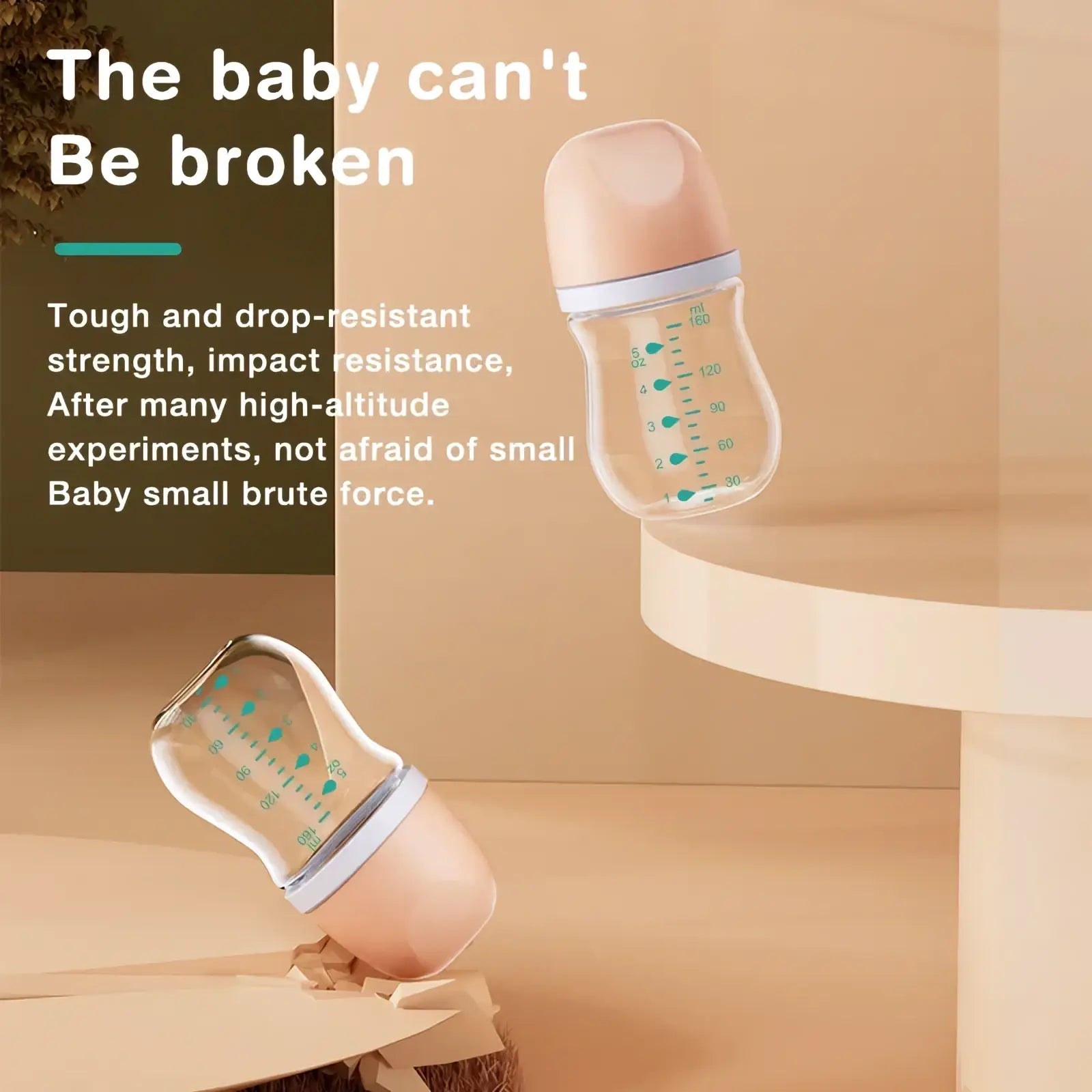 Clear plastic anti-flatulence baby bottle with peach silicone nipple and base, teal measurement markings, bpa free glass