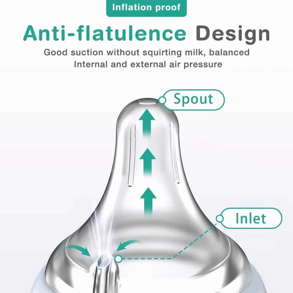 Clear transparent silicone baby bottle nipple with anti-flatulence spout and inlet for balanced air pressure on glass bottle