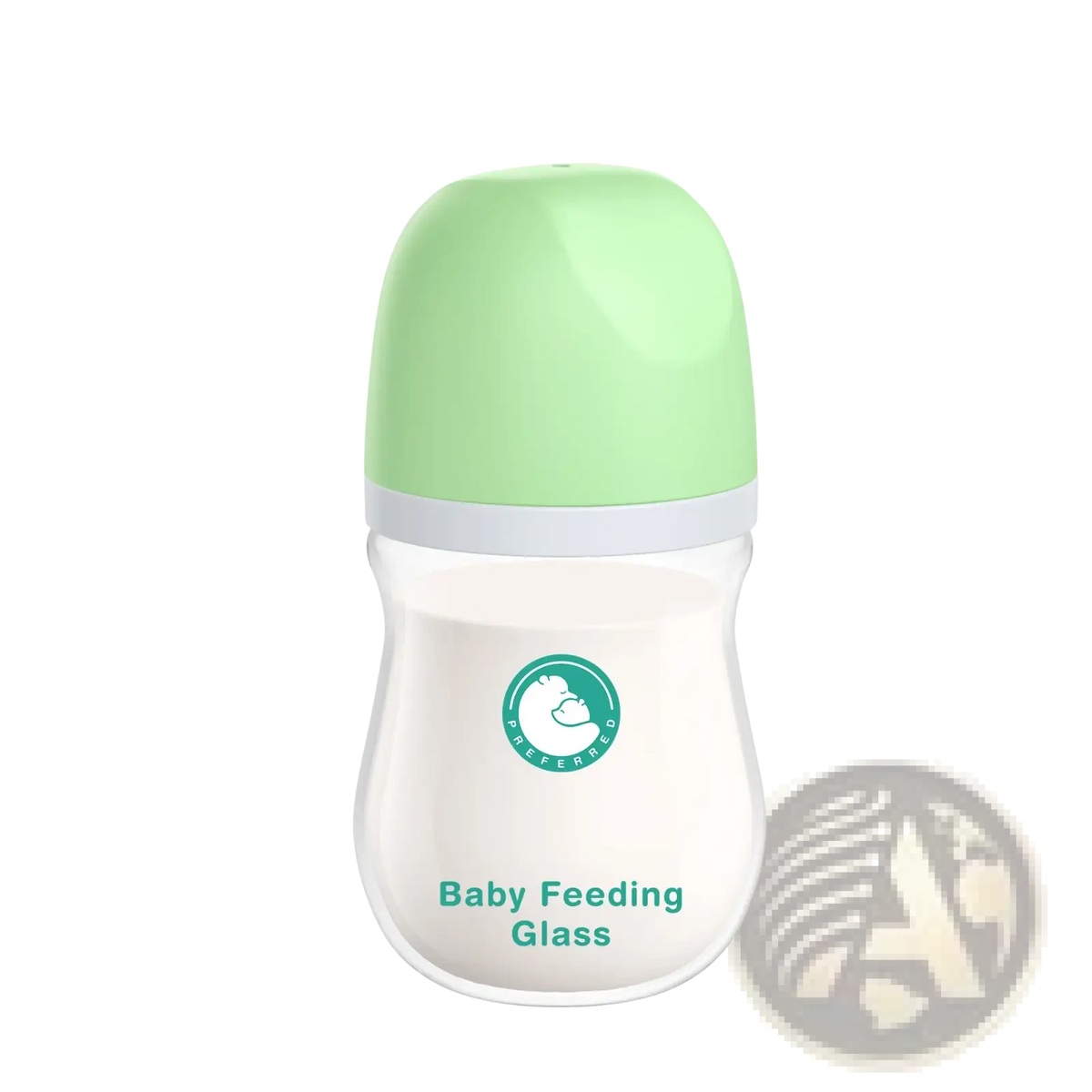 A clear glass anti-flatulence baby feeding bottle with a light green cap and white baby feeding glass text label
