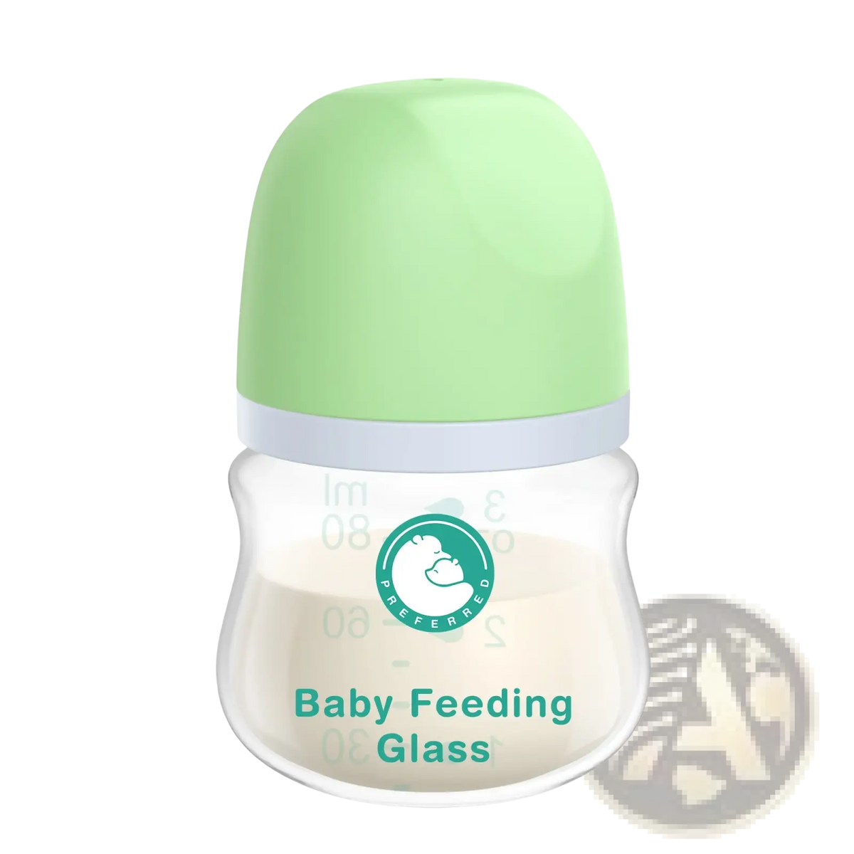 A clear glass anti-flatulence baby feeding bottle with a light green cap and teal baby feeding glass labeling