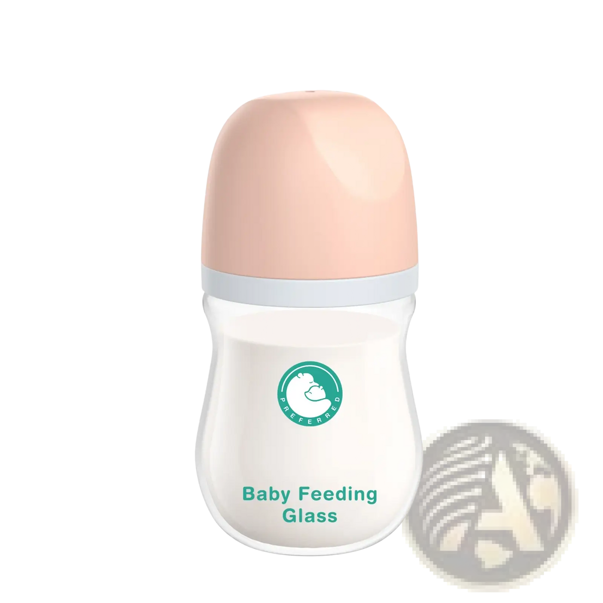 A clear glass anti-flatulence baby bottle with a soft pink glossy lid and light gray rim bpa free