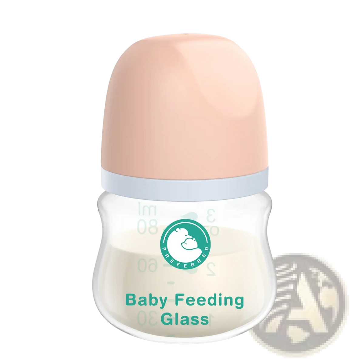 A clear glass anti-flatulence baby feeding bottle with a soft pink lid and light blue rim bpa free