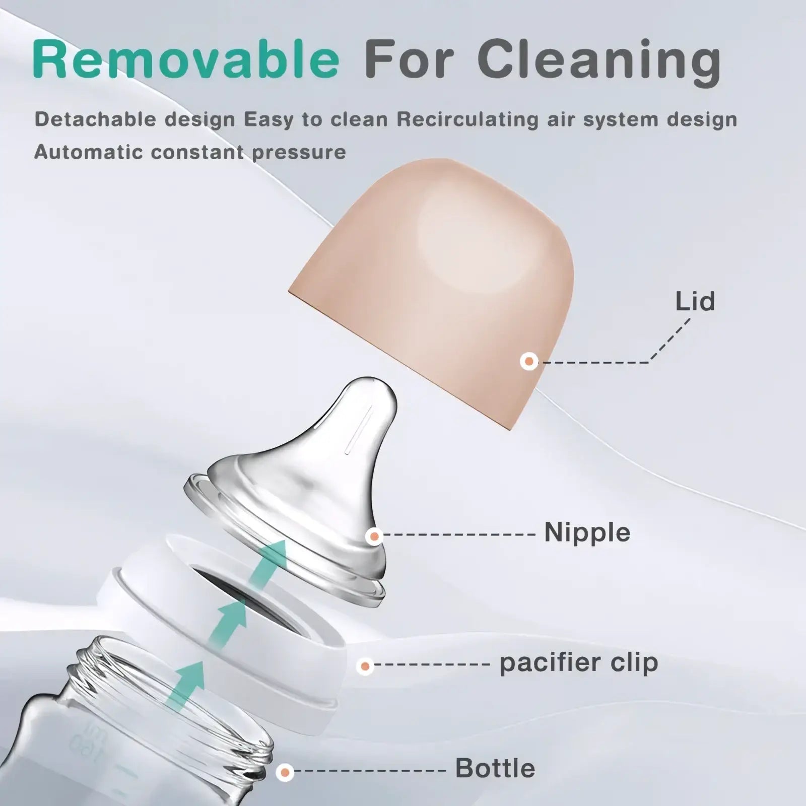 Transparent glass anti-flatulence baby bottle with a peach-colored lid and clear silicone nipple bpa free