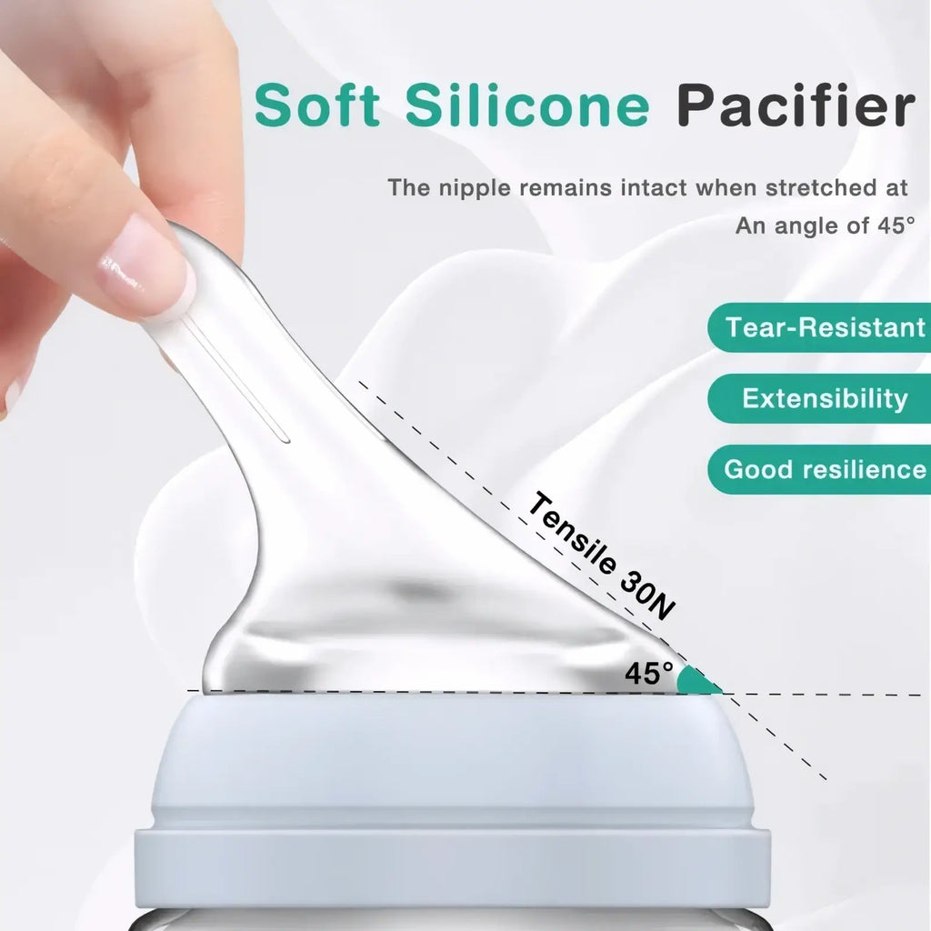 Transparent soft silicone pacifier with clear flexible nipple and light gray base for anti-flatulence glass baby bottle BPA free