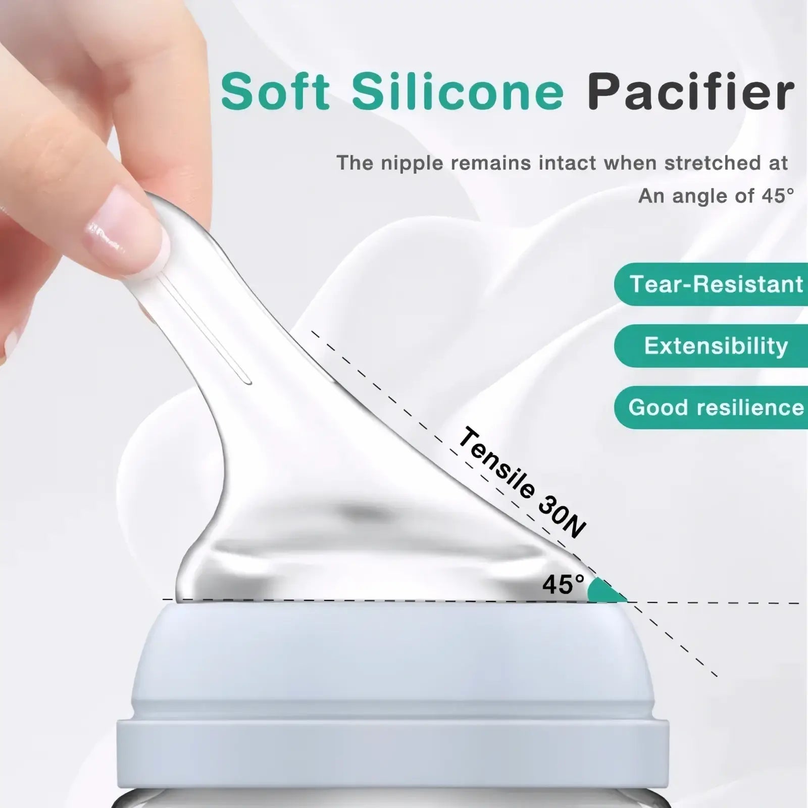 Transparent soft silicone pacifier with clear flexible nipple and light gray base for anti-flatulence glass baby bottle BPA free