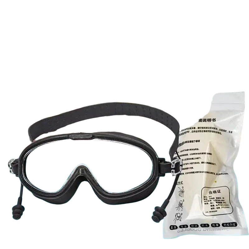 Black anti-fog swimming goggles with clear lenses and adjustable straps for adult pool use large frame design