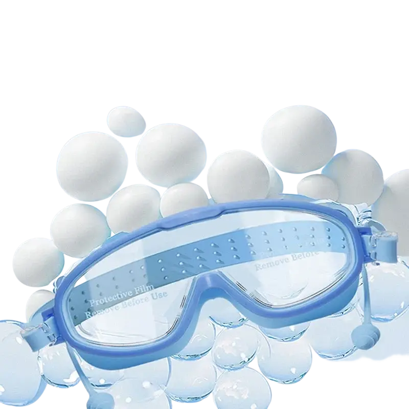 Blue silicone anti-fog swimming goggles with clear lenses and soft cloud-like large frame for adults