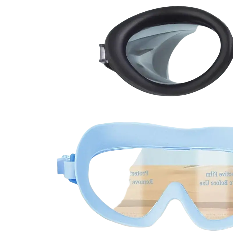 Light blue anti fog swimming goggles with large curved frame and transparent lenses for adult use