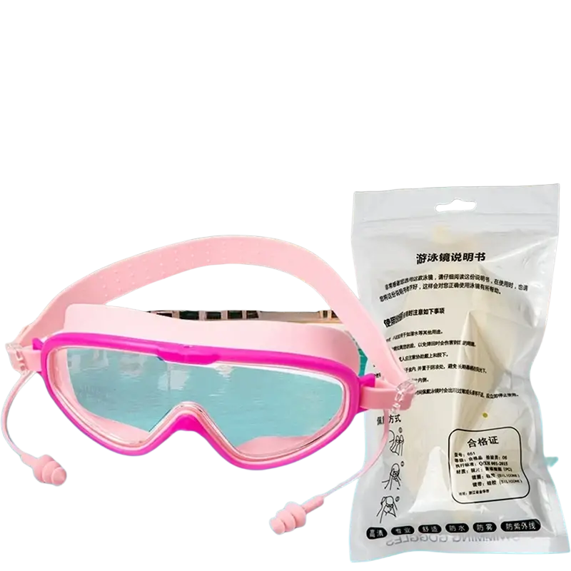 Pink and magenta anti-fog swimming goggles with large frame, clear lenses, soft silicone straps, and earplugs for adults