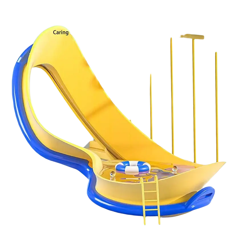 Yellow and blue soft silicone baby pool slide with ladder and curved design shown with anti-fog swimming goggles large frame adult
