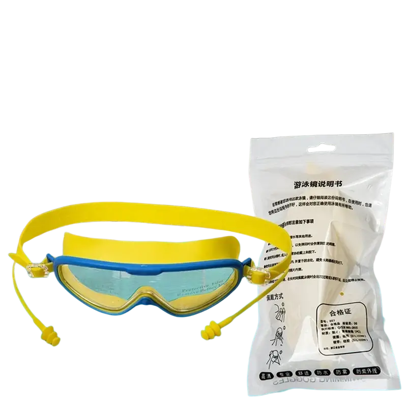 Yellow and blue anti-fog swimming goggles with large frame, flexible silicone straps, and earplugs for adults